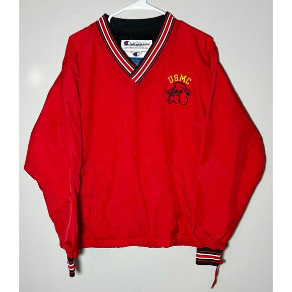 Vtg USMC Bulldog Embroidered Marine Corps Champion Red Pullover Windbreaker Sz S - Picture 1 of 10